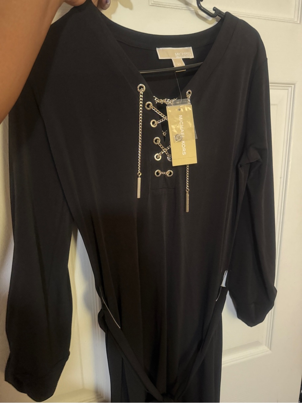 MICHAEL Michael Kors Black Lace-Up V-Neck Long Sleeve Dress with Chain Detail